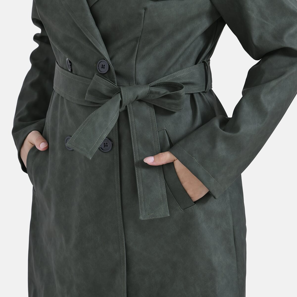 Tamsy Forest Green Double Breasted PU Short Trench Coat with Waist Tie - M image number 5