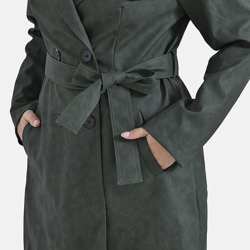 Tamsy Forest Green Double Breasted PU Short Trench Coat with Waist Tie - M