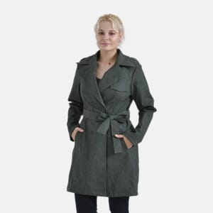 Tamsy Forest Green Double Breasted PU Short Trench Coat with Waist Tie - L