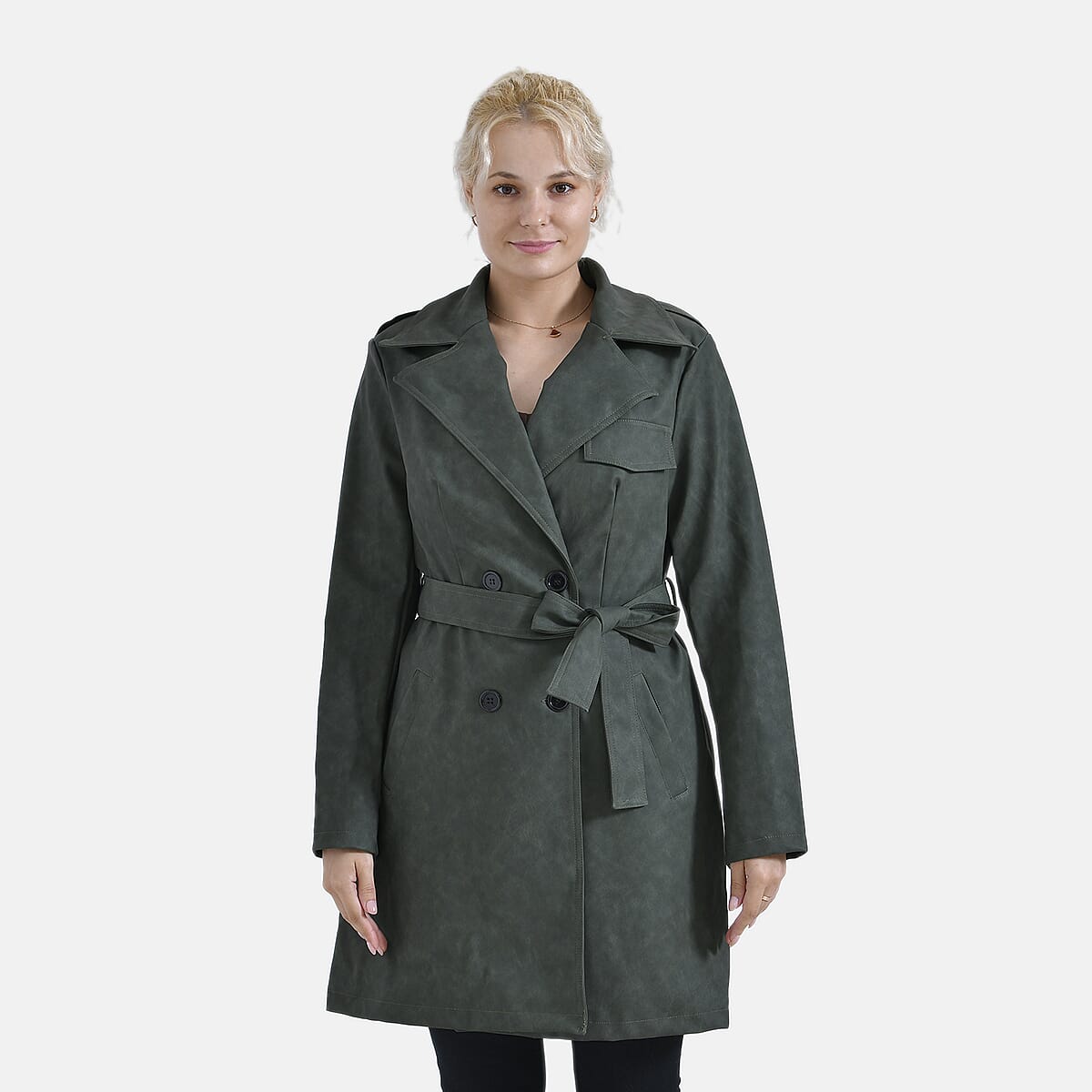 Tamsy Forest Green Double Breasted PU Short Trench Coat with Waist Tie - XL image number 3