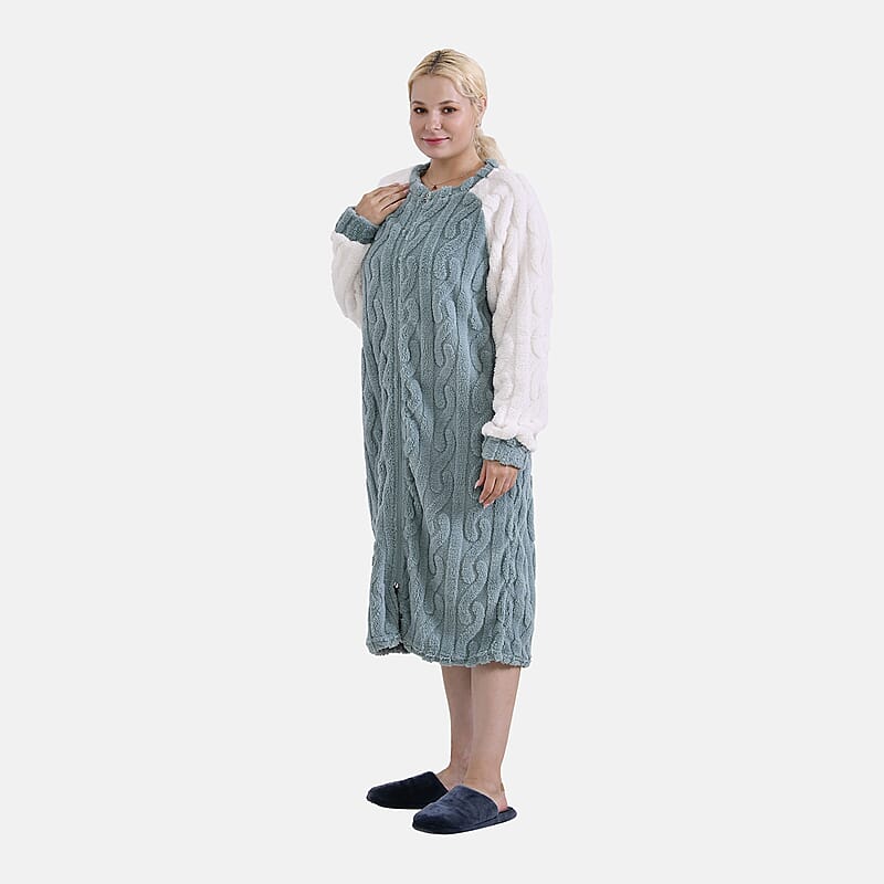Seafoam Polyester Fluffy Embossed Zip-up House Lounger Robe 