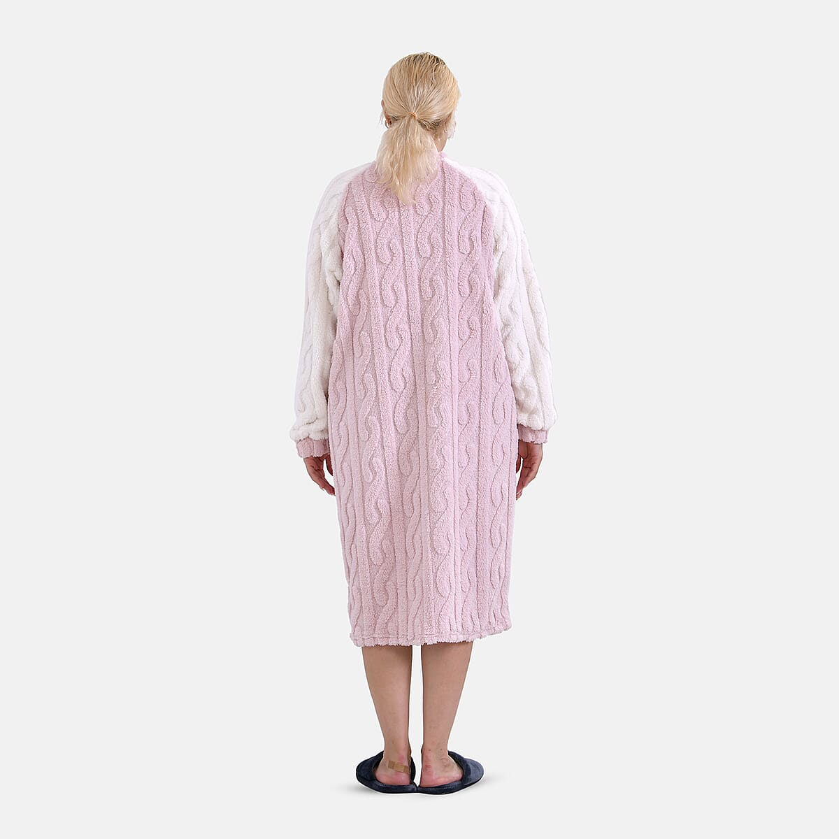 Pink Polyester Fluffy Embossed Zip-up House Lounger Robe image number 1
