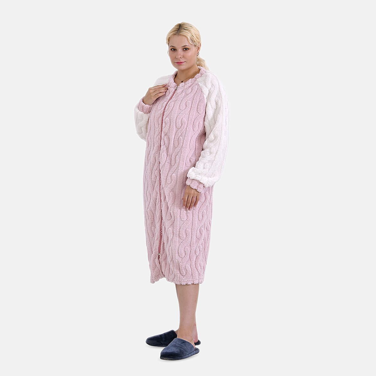 Pink Polyester Fluffy Embossed Zip-up House Lounger Robe image number 2