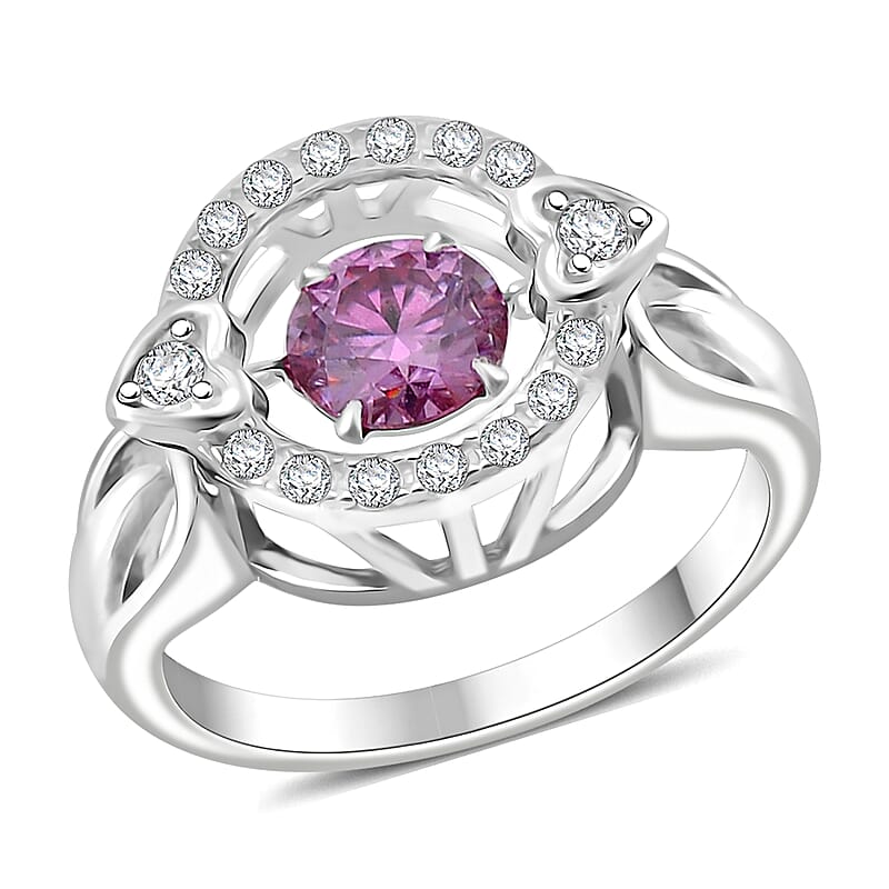 Pink and White Moissanite 1.10 ctw Heart Dancing Ring in Rhodium Over Sterling Silver (Size 10.0)