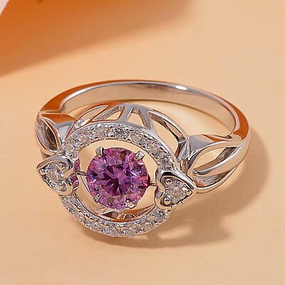 Pink and White Moissanite 1.10 ctw Heart Dancing Ring in Rhodium Over Sterling Silver (Size 10.0)