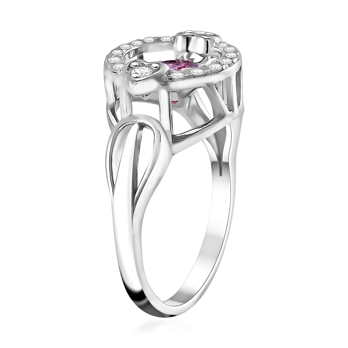 Pink Moissanite (Rnd 6mm), Moissanite Heart Dancing Ring in Rhodium Over Sterling Silver (Size 10.0) 1.10 ctw image number 3