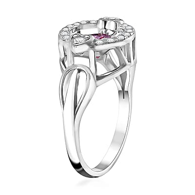 Pink and White Moissanite 1.10 ctw Heart Dancing Ring in Rhodium Over Sterling Silver (Size 10.0)