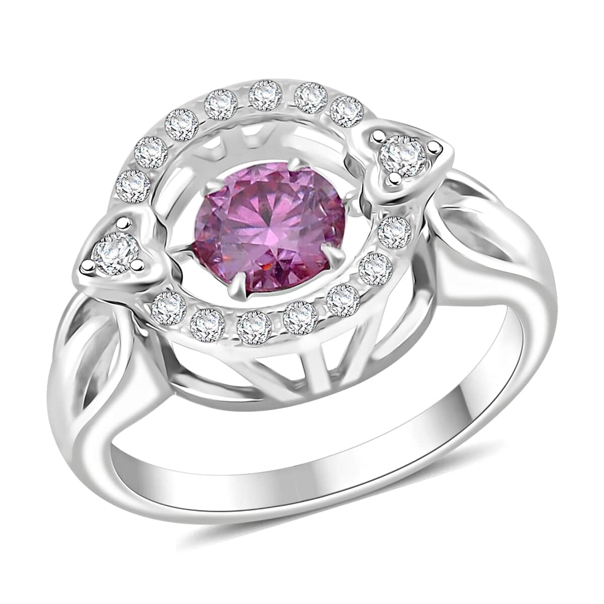 Pink and White Moissanite 1.10 ctw Heart Dancing Ring in Rhodium Over Sterling Silver (Size 7.0) image number 0