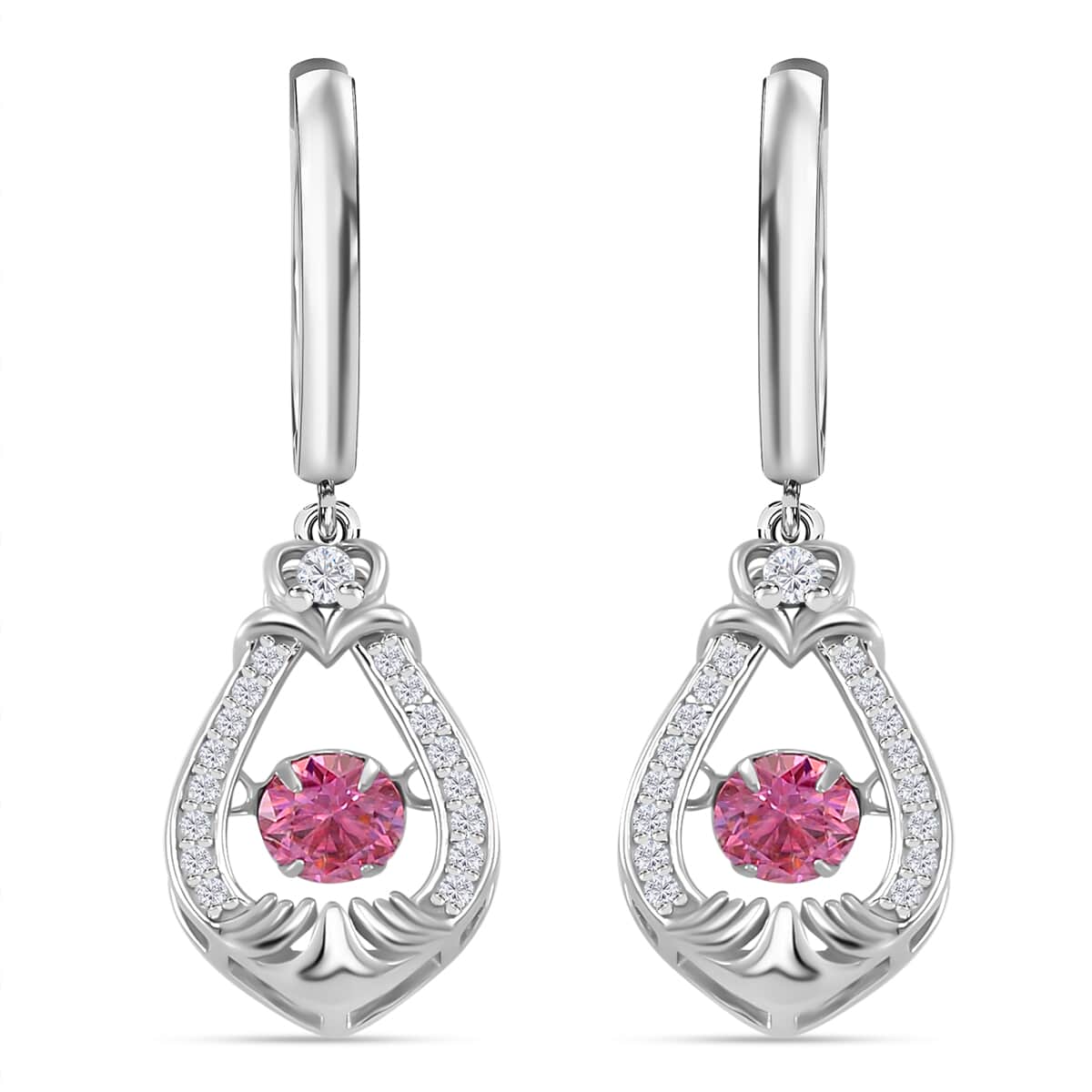 Pink and White Moissanite 1.15 ctw Heart Dancing Earrings in Rhodium Over Sterling Silver image number 0