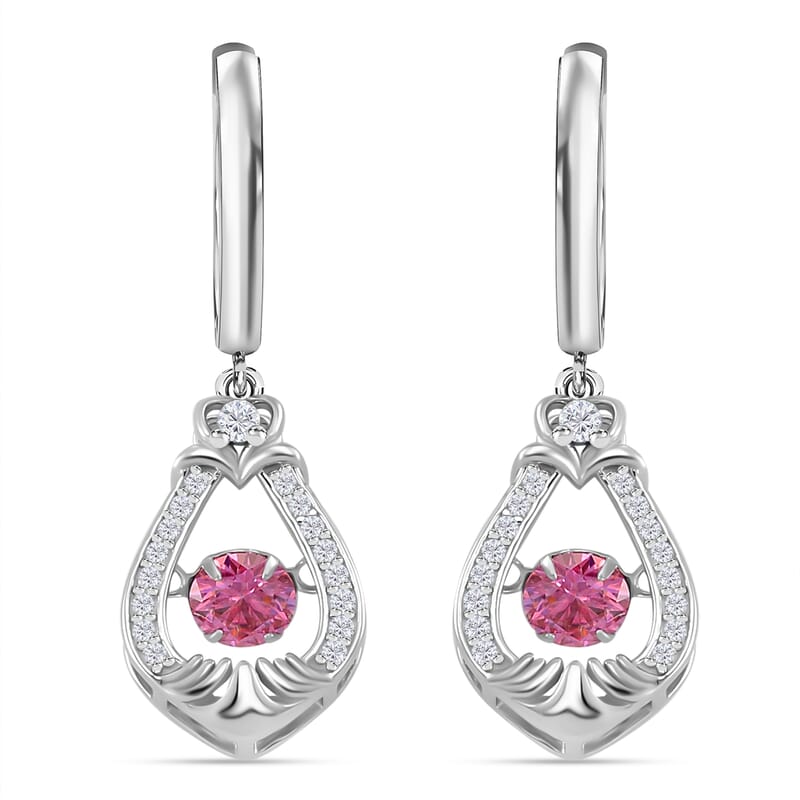 Pink and White Moissanite 1.15 ctw Heart Dancing Earrings in Rhodium Over Sterling Silver