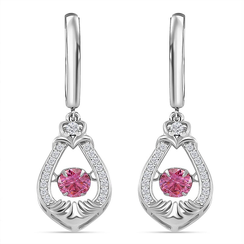 Pink and White Moissanite 1.15 ctw Heart Dancing Earrings in Rhodium Over Sterling Silver