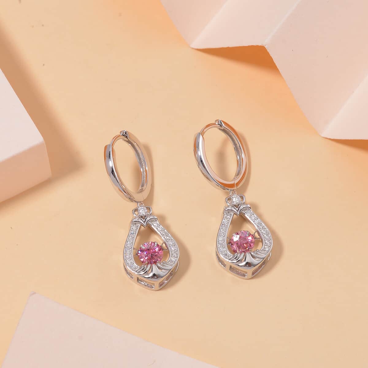 Pink and White Moissanite 1.15 ctw Heart Dancing Earrings in Rhodium Over Sterling Silver image number 1