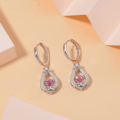 Pink and White Moissanite 1.15 ctw Heart Dancing Earrings in Rhodium Over Sterling Silver