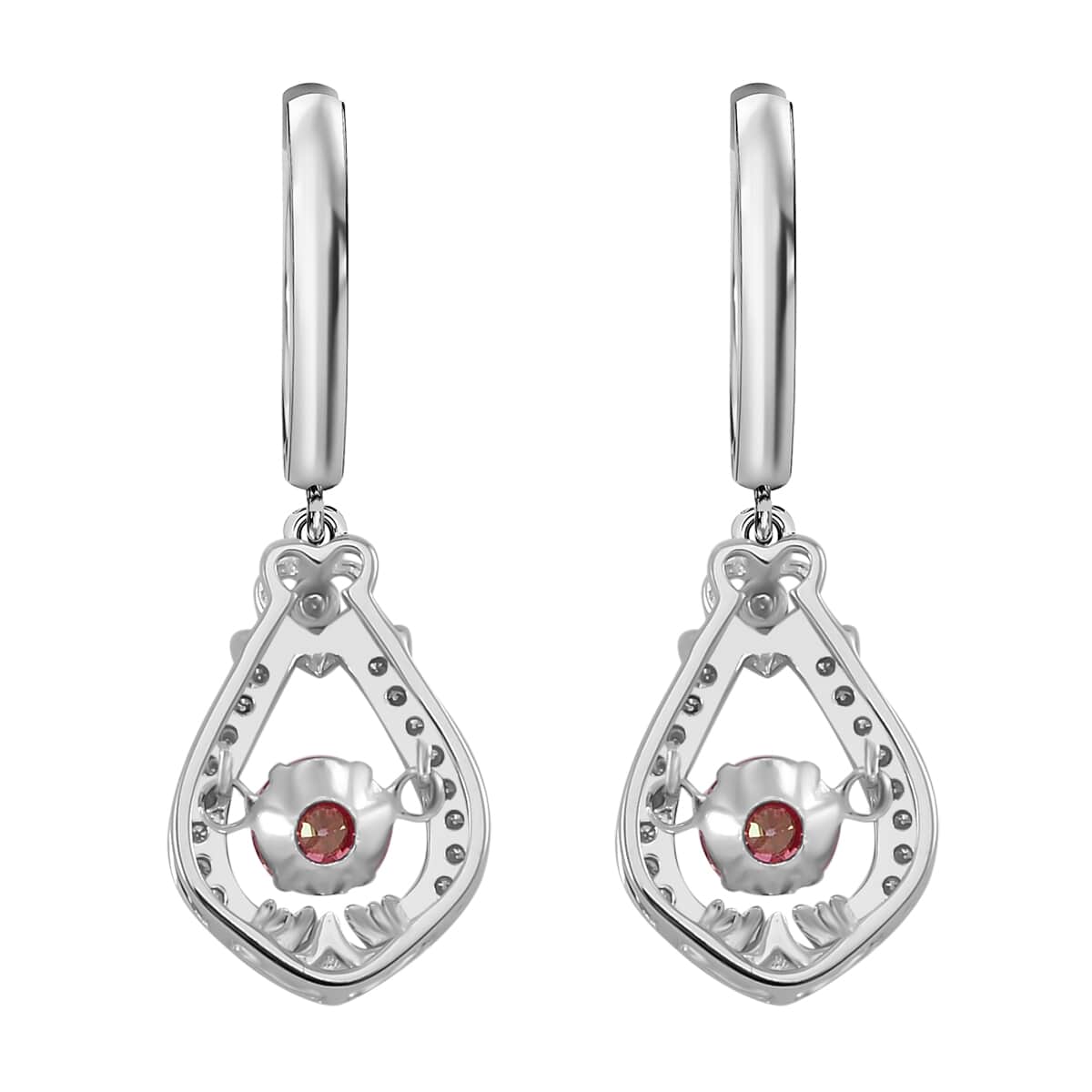 Pink and White Moissanite 1.15 ctw Heart Dancing Earrings in Rhodium Over Sterling Silver image number 4