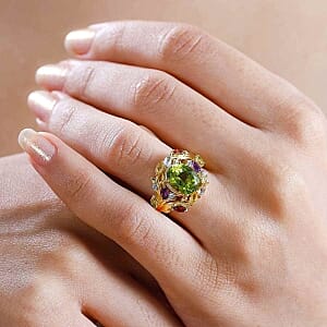 Peridot and Multi Gemstone 3.85 ctw Cluster Ring in Vermeil YG Over Sterling Silver (Size 11.5)