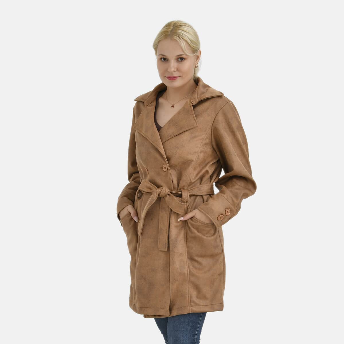 Tamsy Tan Double-Breasted Faux Suede Trench Coat with Belt - S image number 0