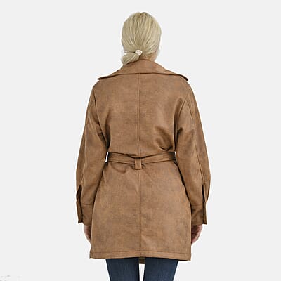 Tamsy Tan Double-Breasted Faux Suede Trench Coat with Belt - S