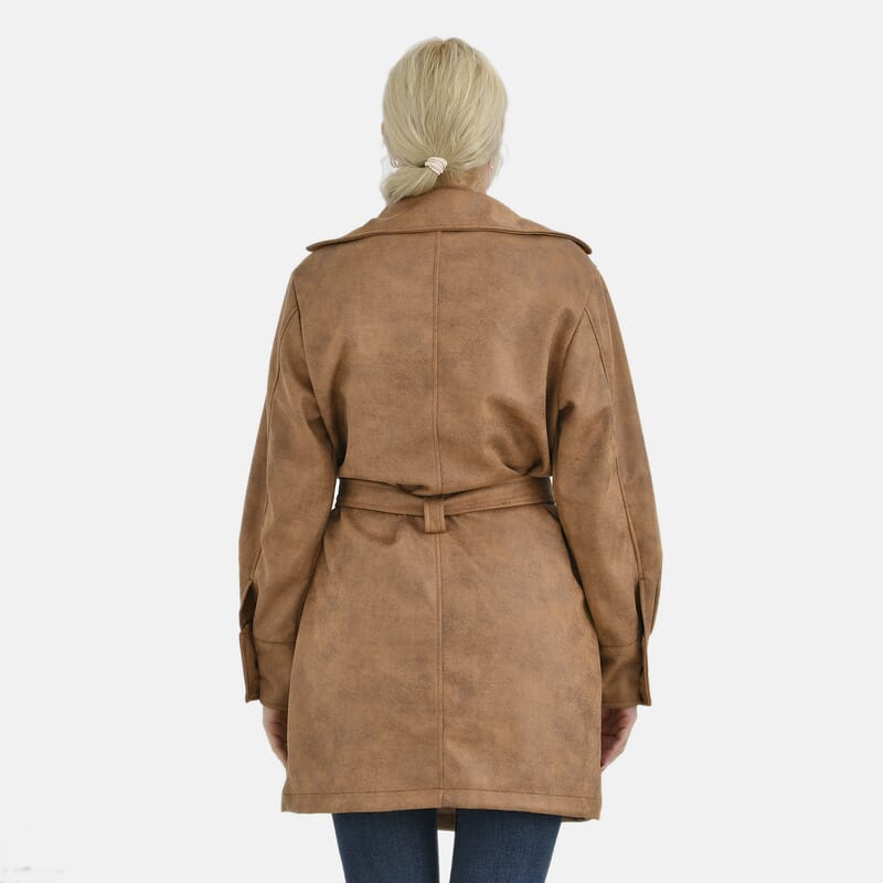 Tamsy Tan Double-Breasted Faux Suede Trench Coat with Belt - S