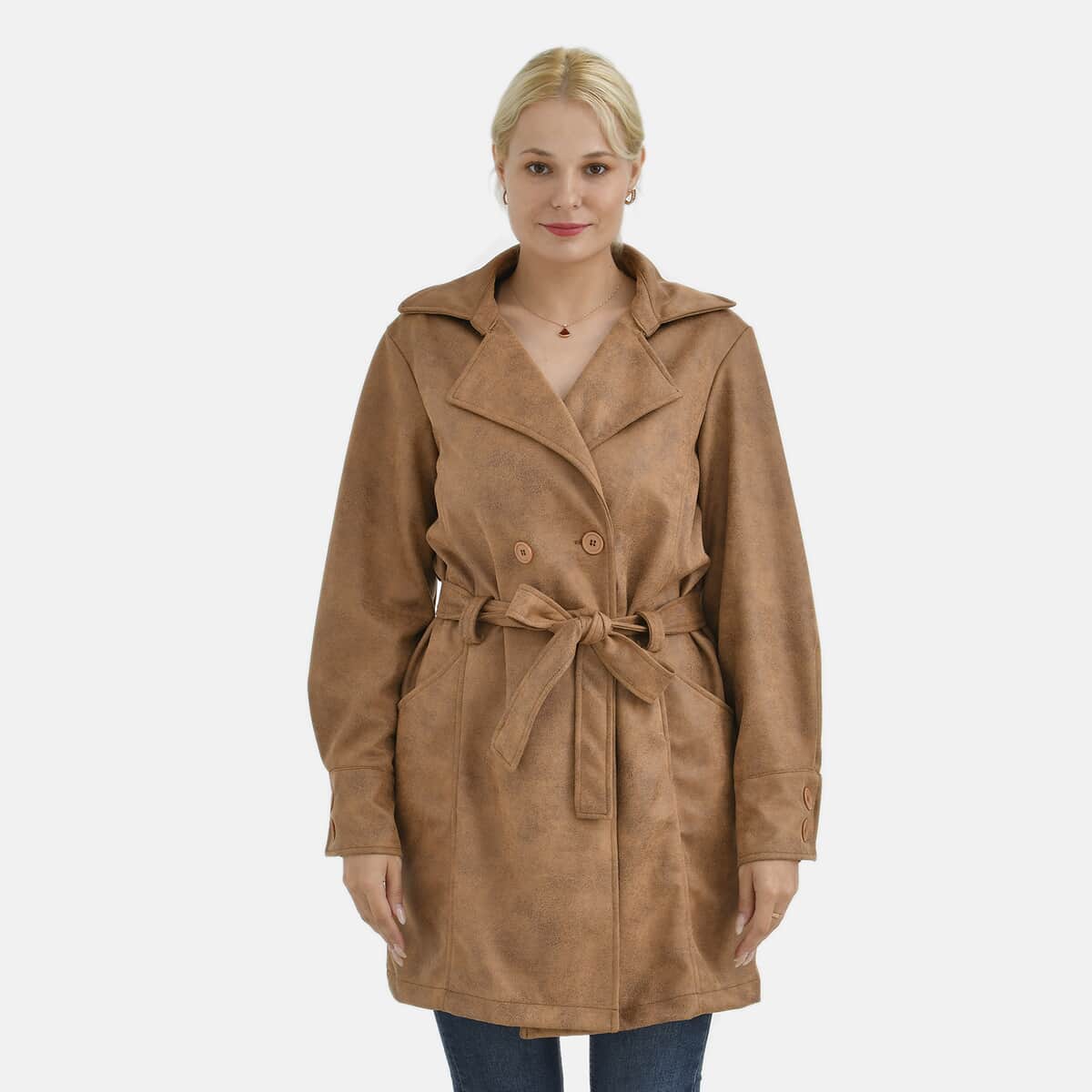 Tamsy Tan Double-Breasted Faux Suede Trench Coat with Belt - S image number 3