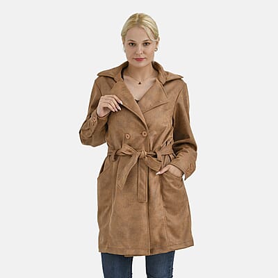 Tamsy Tan Double-Breasted Faux Suede Trench Coat with Belt - S