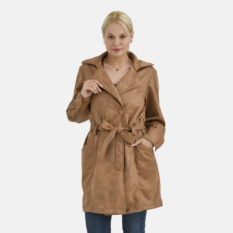 Tamsy Tan Double-Breasted Faux Suede Trench Coat with Belt - S