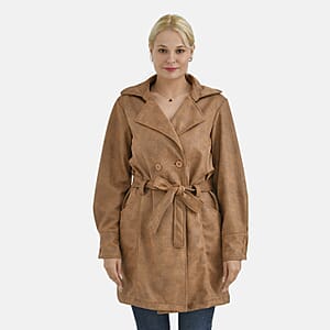 Tamsy Tan Double-Breasted Faux Suede Trench Coat with Belt - M