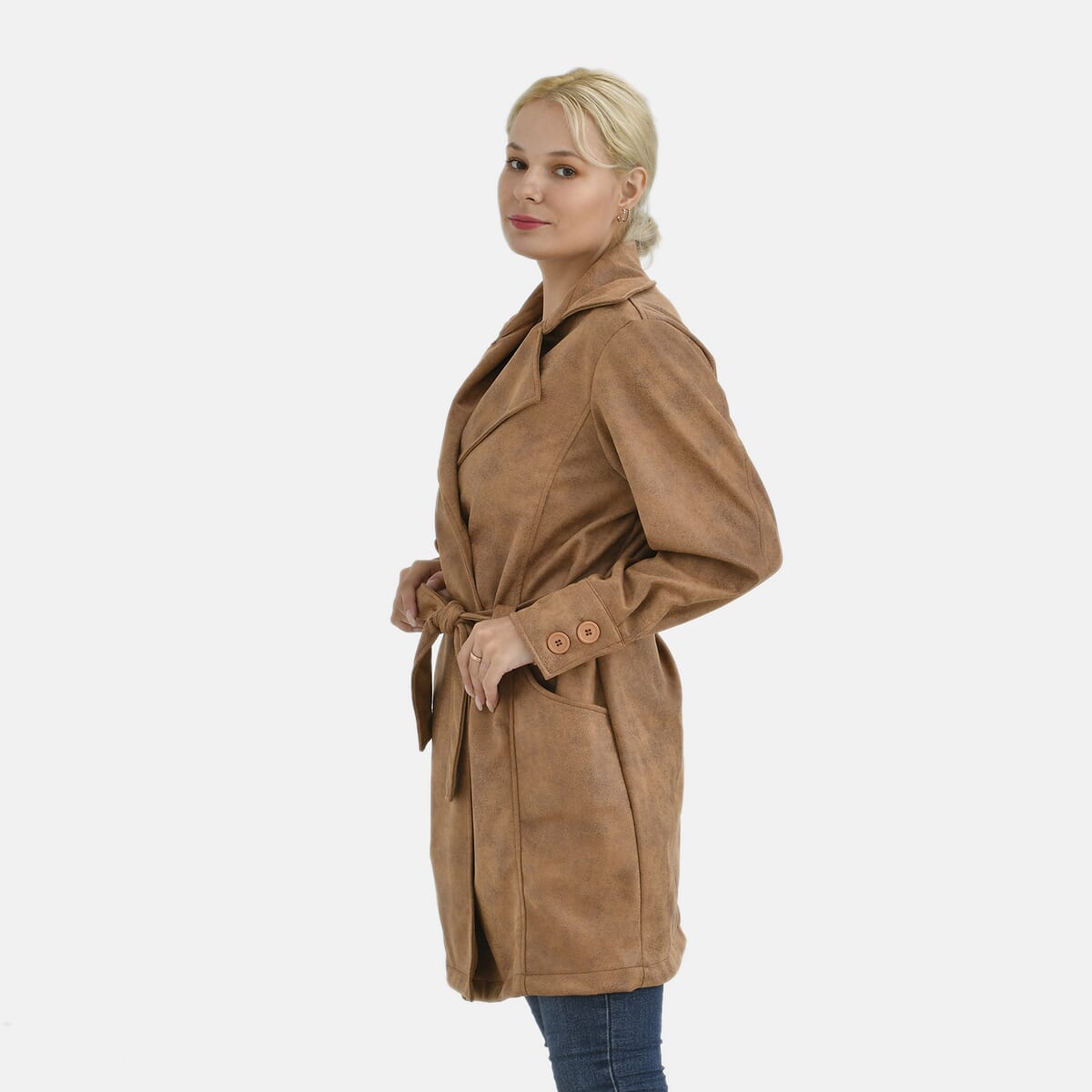 Tamsy Tan Double-Breasted Faux Suede Trench Coat with Belt - L image number 2
