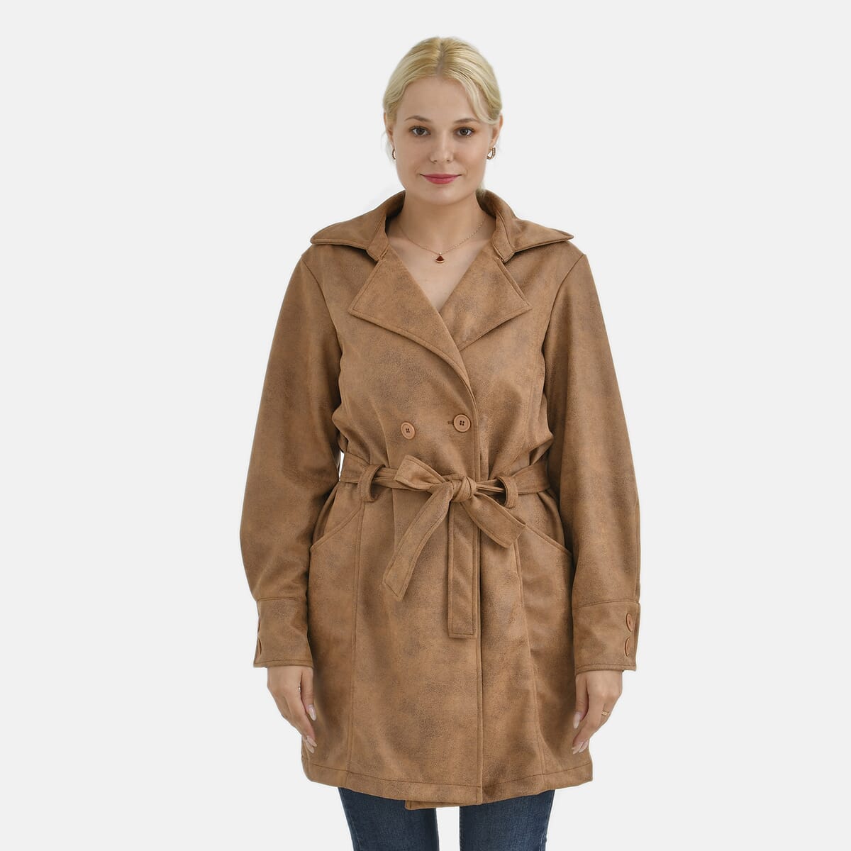 Tamsy Tan Double-Breasted Faux Suede Trench Coat with Belt - L image number 3