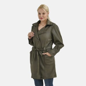 Tamsy Olive Double-Breasted Faux Suede Trench Coat with Belt - S