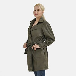 Tamsy Olive Double-Breasted Faux Suede Trench Coat with Belt - M