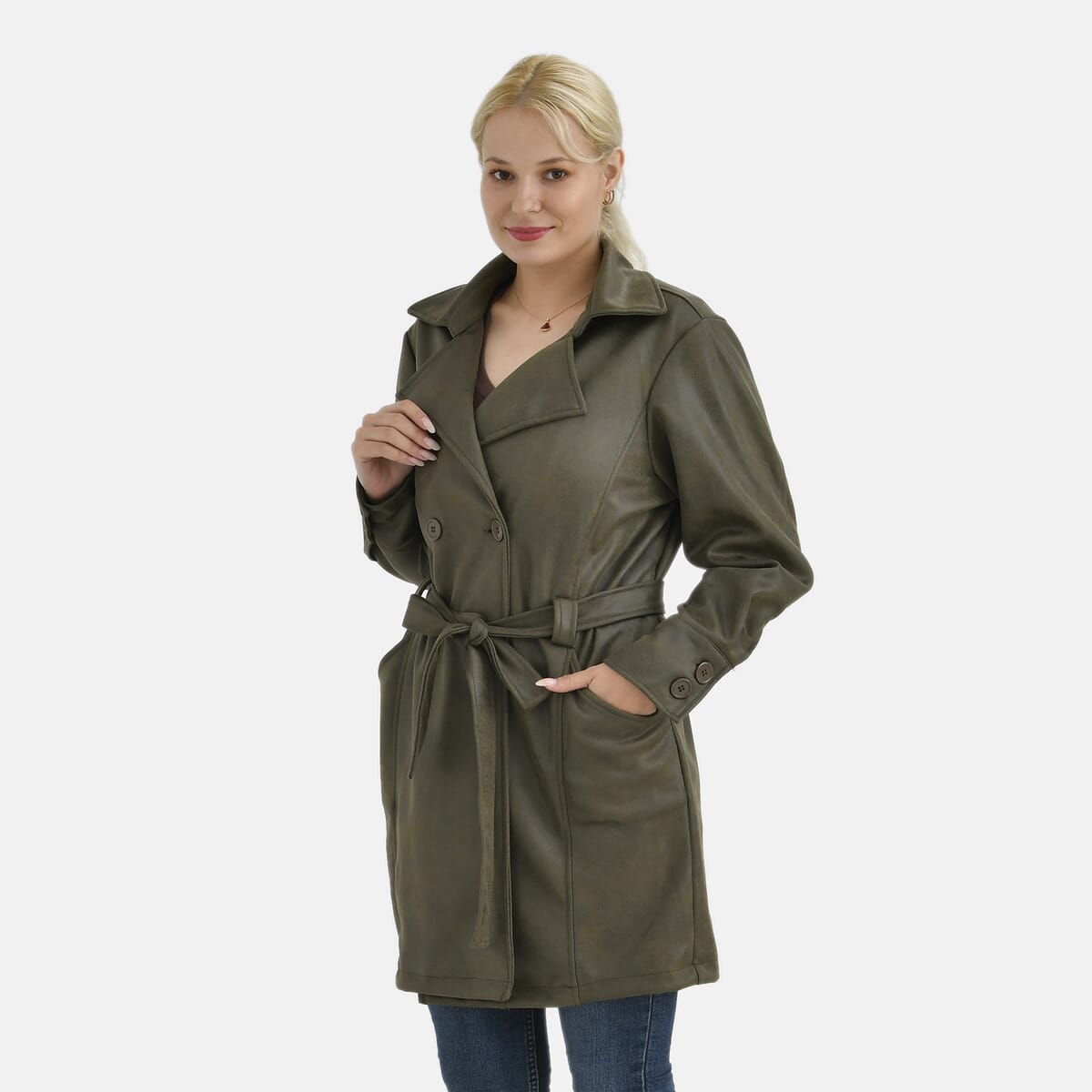 Tamsy Olive Double-Breasted Faux Suede Trench Coat with Belt - L image number 0