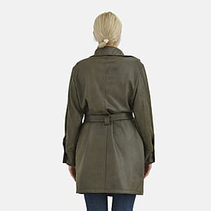 Tamsy Olive Double-Breasted Faux Suede Trench Coat with Belt - L