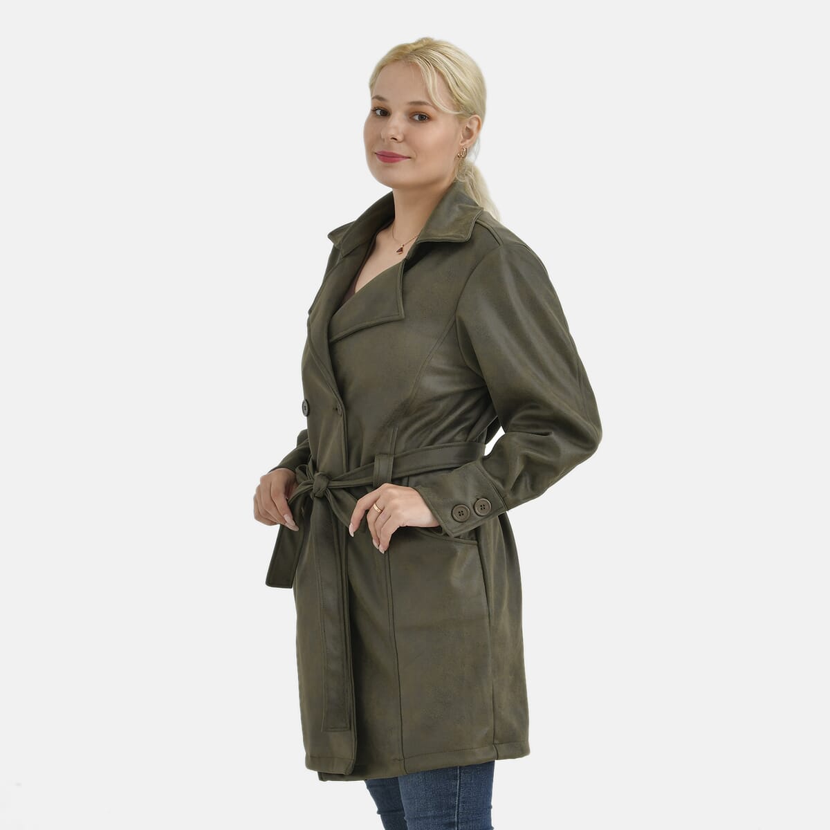 Tamsy Olive Double-Breasted Faux Suede Trench Coat with Belt - L image number 2