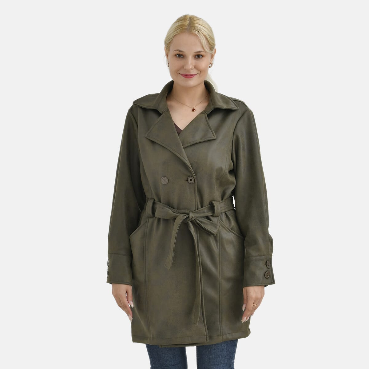 Tamsy Olive Double-Breasted Faux Suede Trench Coat with Belt - L image number 3