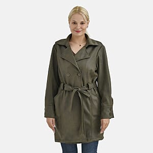 Tamsy Olive Double-Breasted Faux Suede Trench Coat with Belt - L