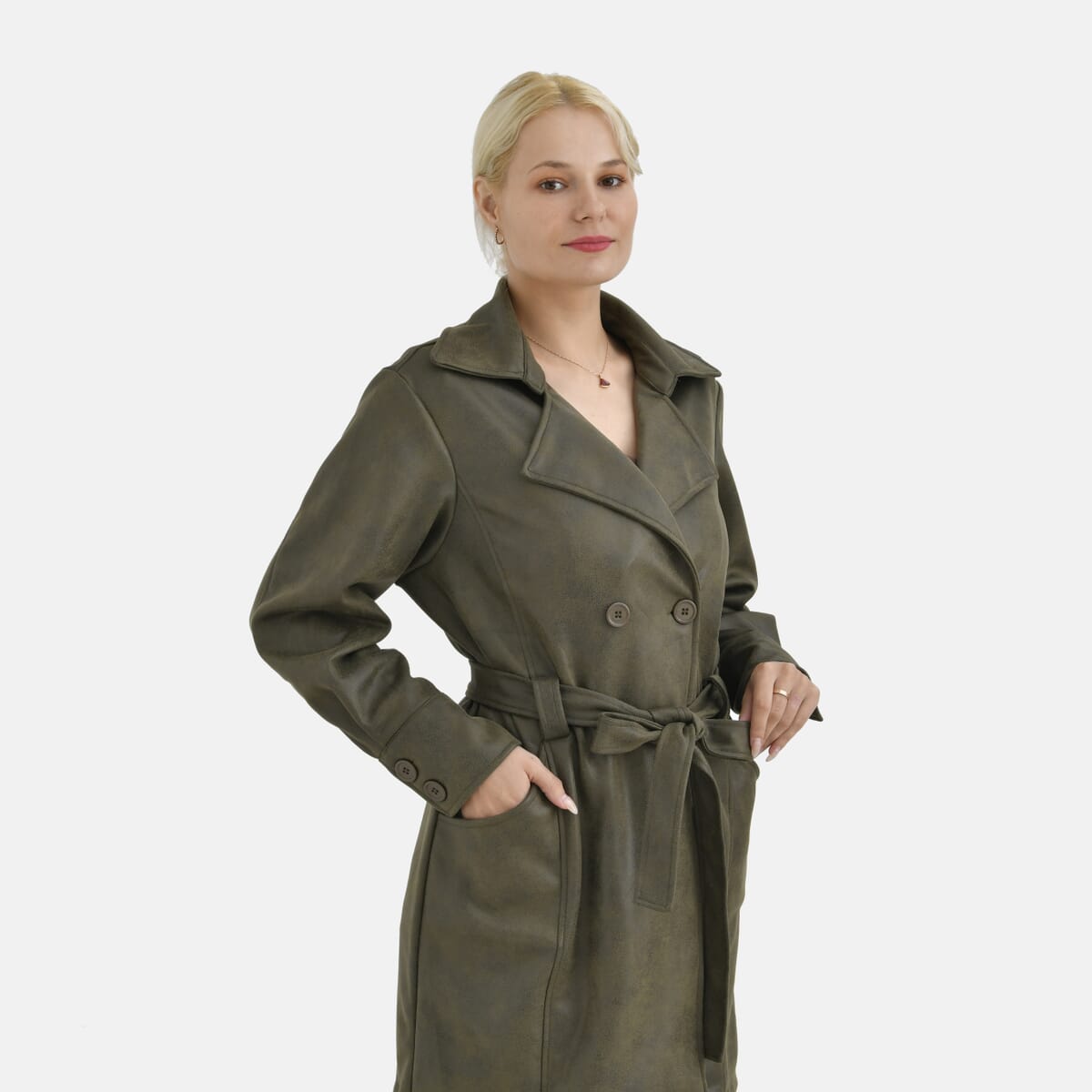 Tamsy Olive Double-Breasted Faux Suede Trench Coat with Belt - L image number 4