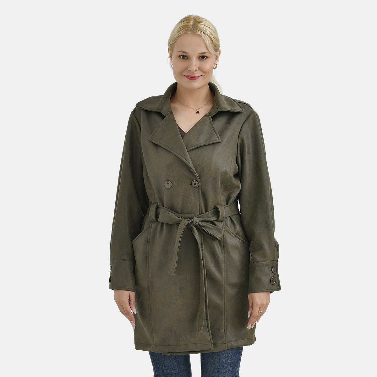 Tamsy Olive Double-Breasted Faux Suede Trench Coat with Belt - XL image number 3