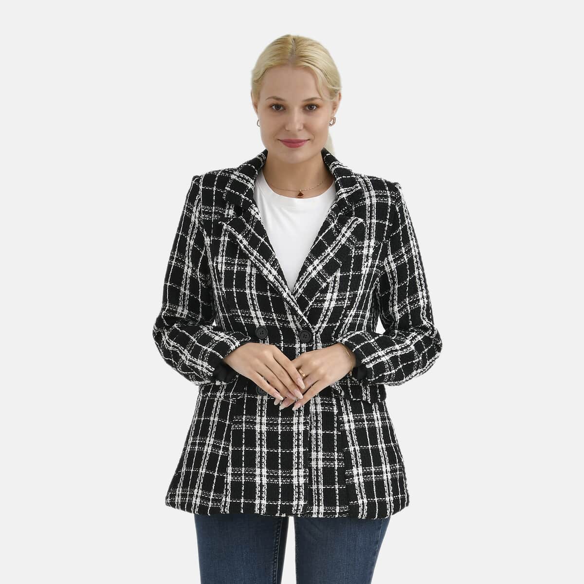 Black Plaid Pattern Finely Knit Formal Blazer - S image number 0