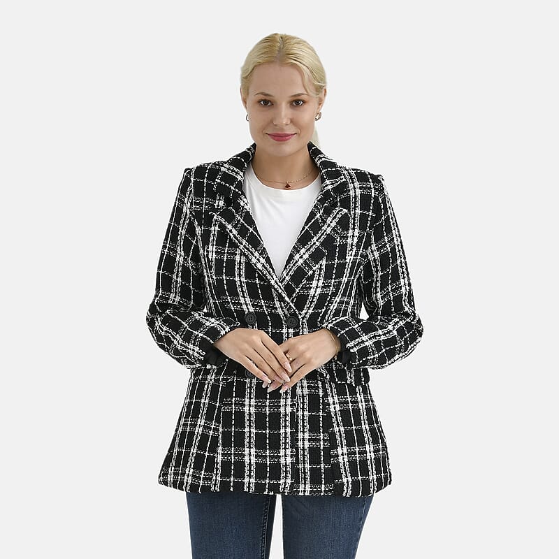 Black Plaid Pattern Finely Knit Formal Blazer - S
