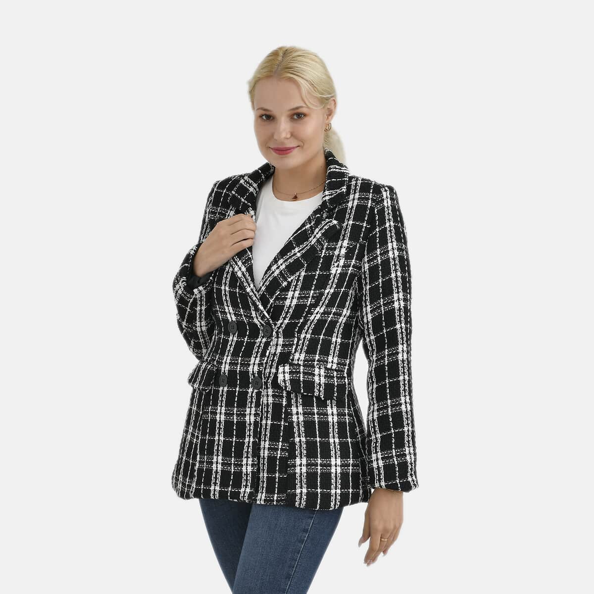 Black Plaid Pattern Finely Knit Formal Blazer - S image number 2