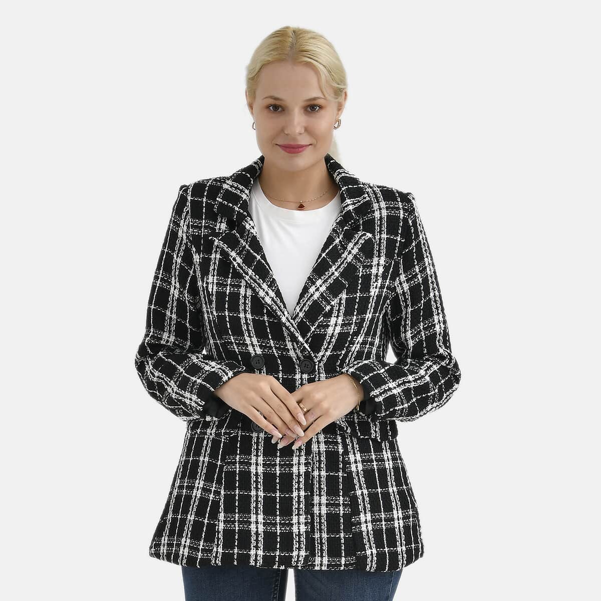 Black Plaid Pattern Finely Knit Formal Blazer - S image number 3