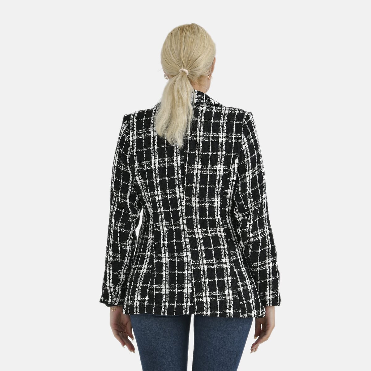 Black Plaid Pattern Finely Knit Formal Blazer - M image number 1