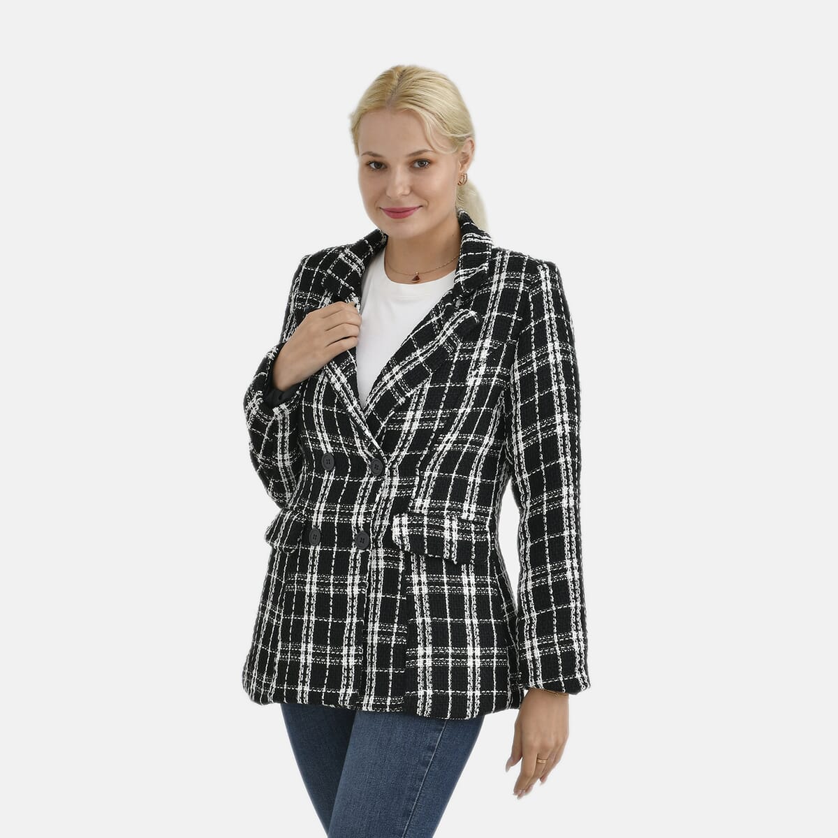 Black Plaid Pattern Finely Knit Formal Blazer - M image number 2