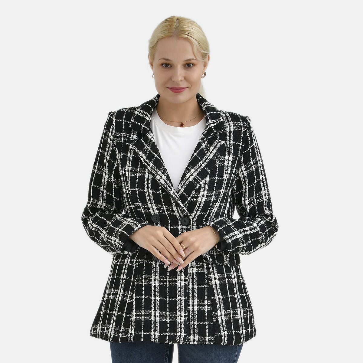 Black Plaid Pattern Finely Knit Formal Blazer - M image number 3