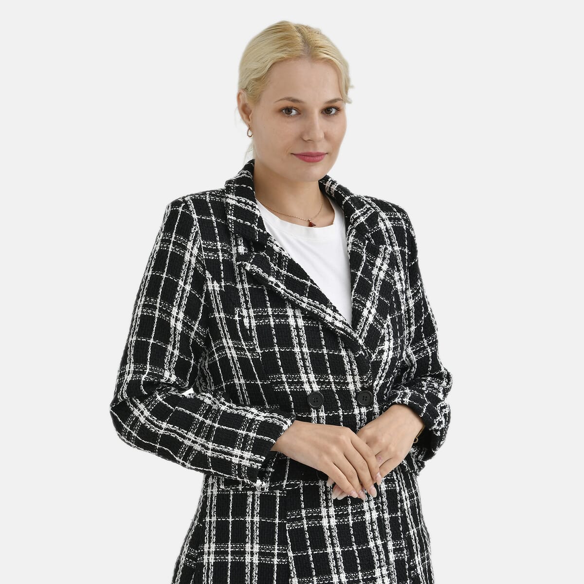 Black Plaid Pattern Finely Knit Formal Blazer - M image number 4
