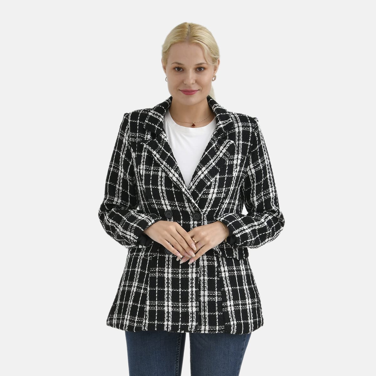 Black Plaid Pattern Finely Knit Formal Blazer - L image number 0