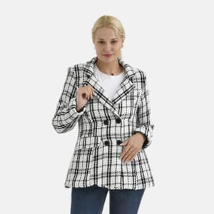 White Plaid Pattern Finely Knit Formal Blazer - M