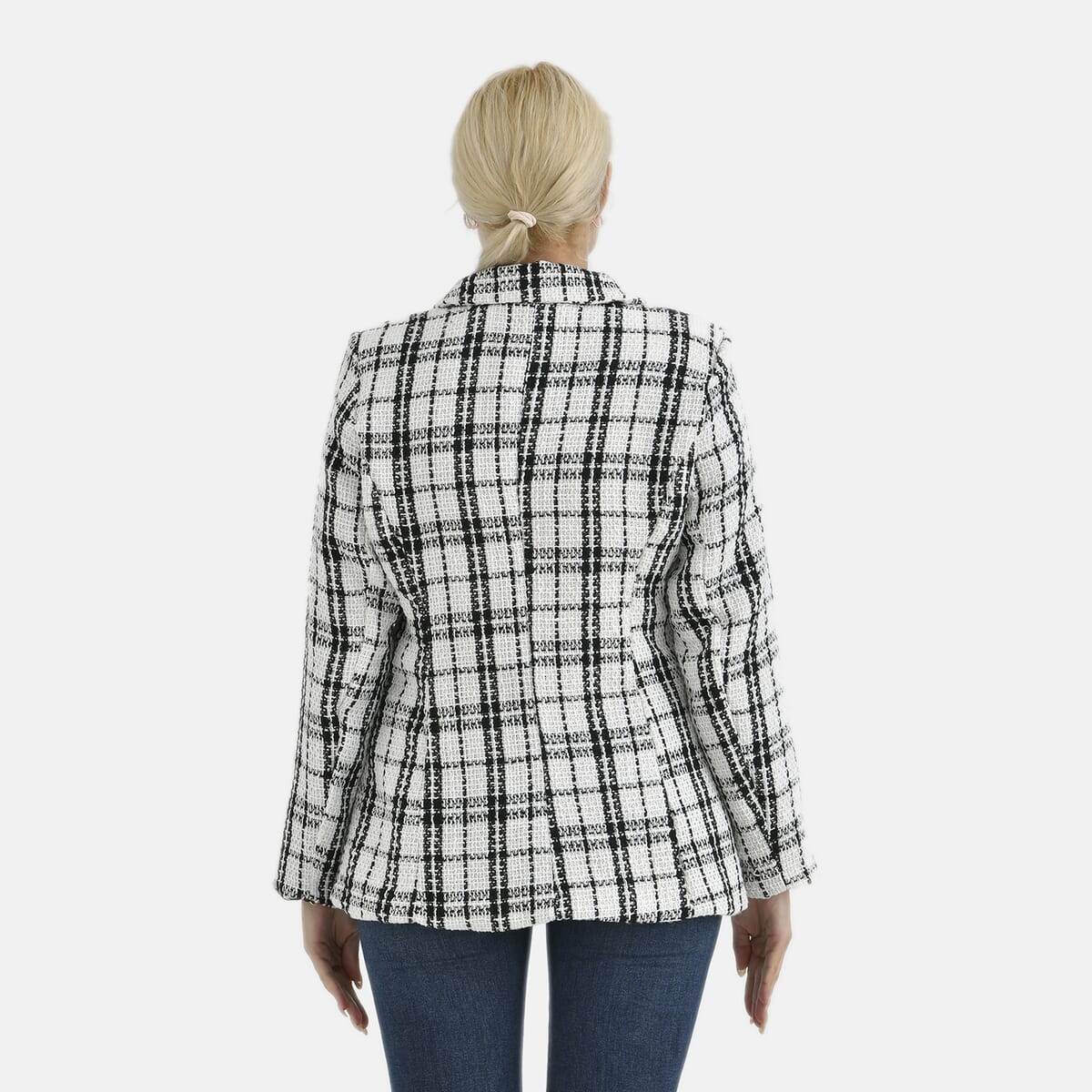 White Plaid Pattern Finely Knit Formal Blazer - M image number 1