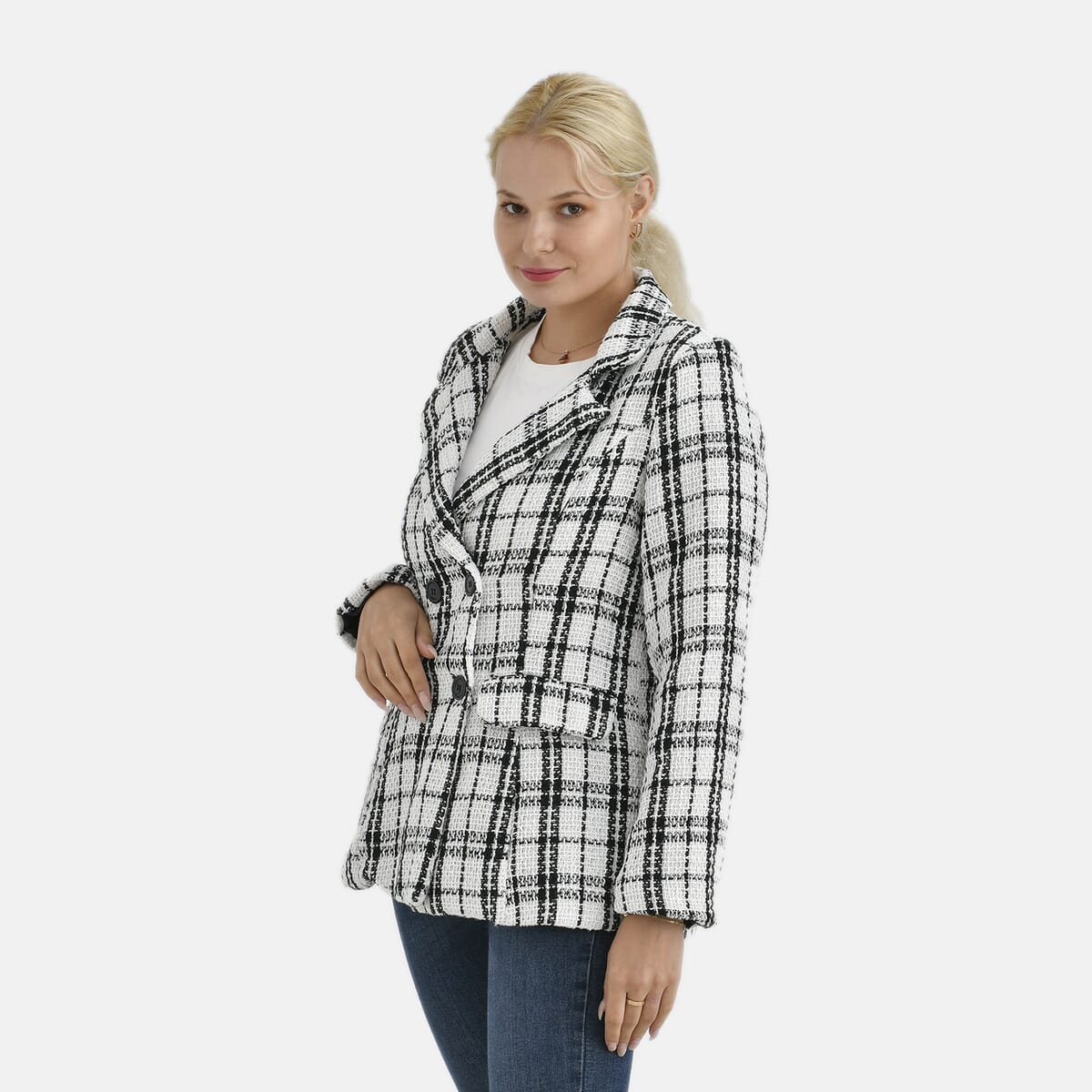 White Plaid Pattern Finely Knit Formal Blazer - M image number 2