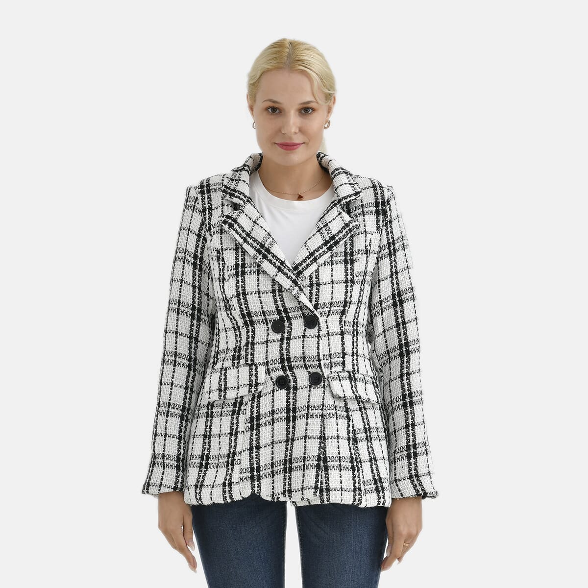 White Plaid Pattern Finely Knit Formal Blazer - M image number 3